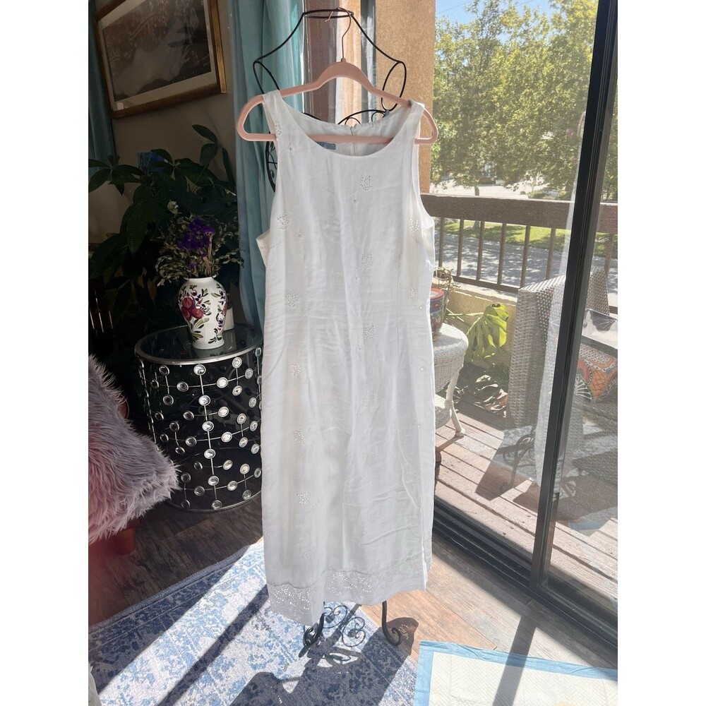 Johnny Was White Linen Midi Dress With Broderie Anglaise Cotton Lining Size XL